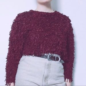 NWOT Zara Maroon Faux Feather Cropped Sweater